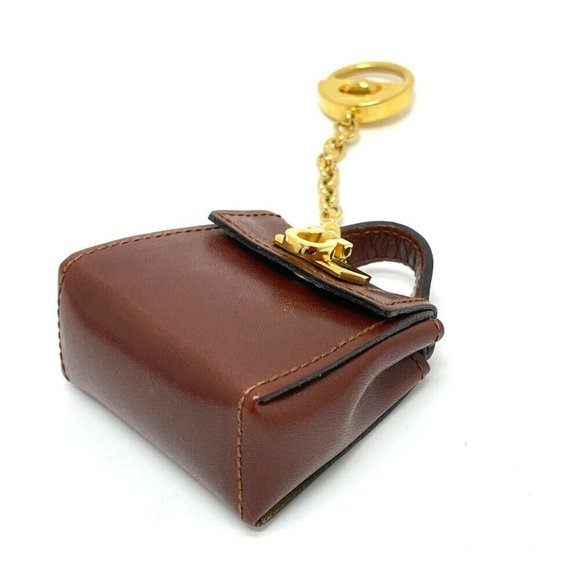Authentic SALVATORE FERRAGAMO Bag motif Gancini Bag Charm Leather Brown x Gold - Picture 7 of 10